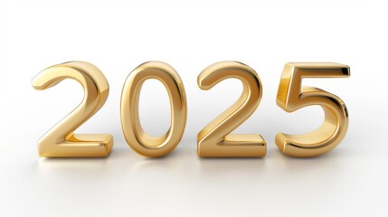 Happy new Year Silvester New Year, New Year's Eve 2025 party event celebration holiday greeting card template with text - Gold shiny metal metallic 3d year number, isolated on white table background