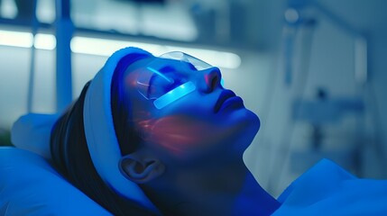 Remote view of female patient undergoes blue LED light therapy for skin rejuvenation at modern aesthetic clinic. Using phototherapy device with blue light wavelength for acne treatments.