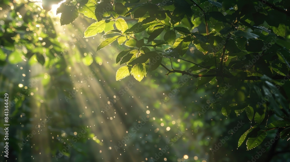 Poster background image of sunrise over dewy grass with bokeh effect. sun shinning through tree in the fore