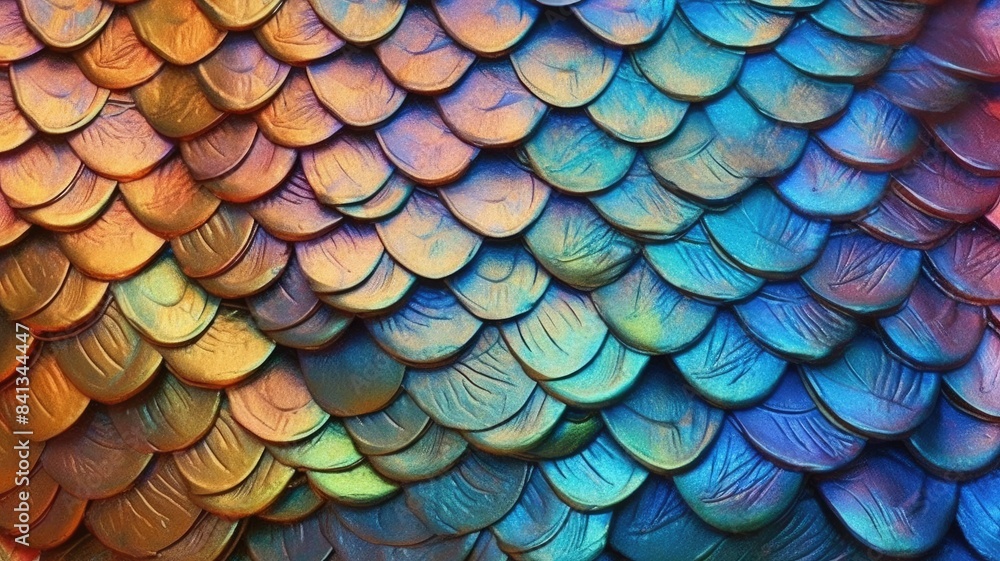 Poster iridescent scales texture with vibrant colors. shiny metallic scale with colorful multicolored vibra