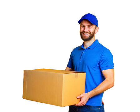 a delivery man lifting parcels box isolated on white background