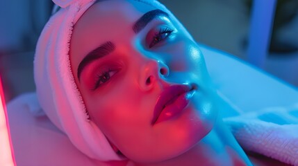 Remote view of female patient undergoes blue LED light therapy for skin rejuvenation at modern aesthetic clinic. Using phototherapy device with blue light wavelength for acne treatments.