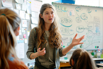 An enthusiastic young teacher explains a concept to attentive students in a well-equipped classroom