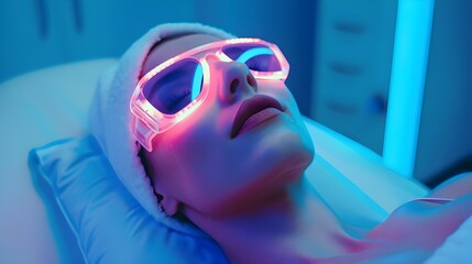 Remote view of female patient undergoes blue LED light therapy for skin rejuvenation at modern aesthetic clinic. Using phototherapy device with blue light wavelength for acne treatments.