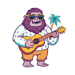 Bigfoot wearing sunglasses and a Hawaiian-style shirt and playing a ukulele 