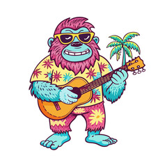 Bigfoot wearing sunglasses and a Hawaiian-style shirt and playing a ukulele 