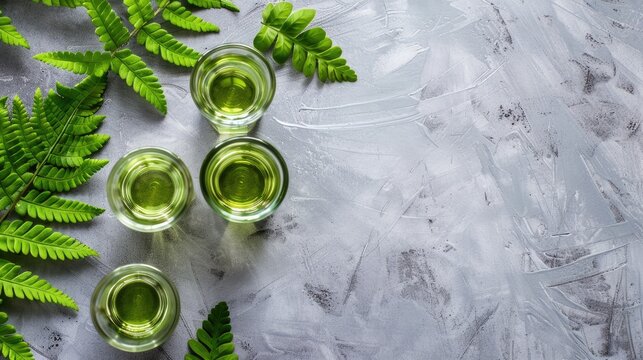Absinthe served in shot glasses with a fern leaf on a grey tabletop in a flat lay composition with room for text An alcoholic beverage