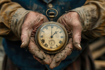 in time. Close-up of a man's chapped hands holding a pocket watch. Faded engravings and intricate details tell the story of the passage of time. 