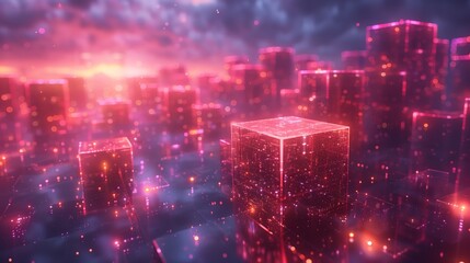 Fototapeta premium A digital illustration of a futuristic cityscape with glowing, transparent cubes floating in the air. The cityscape is lit in a vibrant, pink and orange hue, creating a surreal and ethereal atmosphere