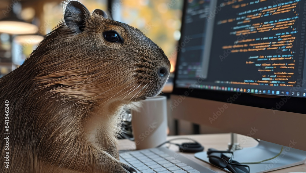 Aufkleber Capybara sitting in front of computer, coding. the code running in the monitor. Capybara has a very relaxed look. Generative AI.