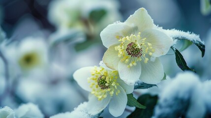 Christmas Rose Snow Blooms. White Floral Closeup of Nature's Winter Flower