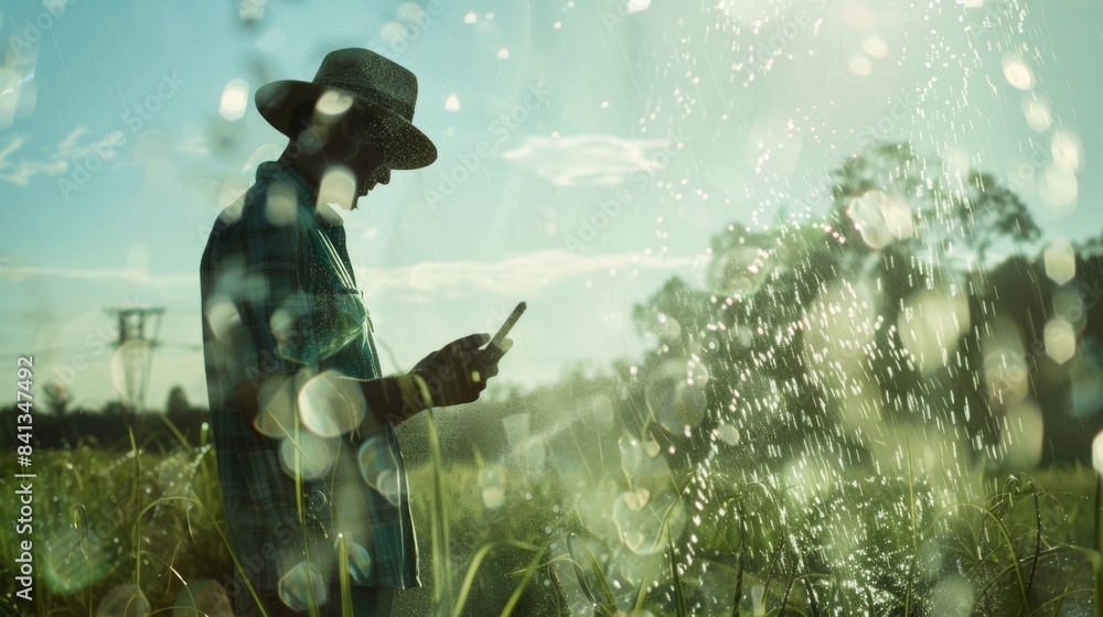 Poster a farmer uses a mobile app to remotely control and monitor the water usage and distribution across t