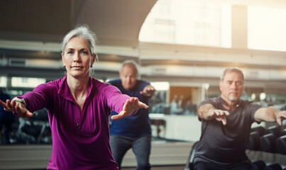 Mature people, woman and squat in class for fitness, balance or coach for muscle development in gym. Senior group, men and exercise for legs, health or workout together in retirement at wellness club