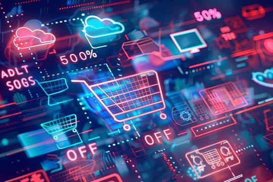 A digital abstract background depicting an online sale, with shopping carts, icons, and 50% OFF text in a futuristic tech style. Generative AI