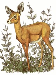 Detailed graphic art of a brown deer with large ears standing amidst lush plants and leaves.