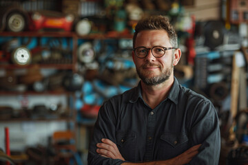 Obraz premium a man with glasses standing in front of a shelf of tools