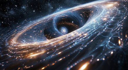 Depict a visual representation of a gravitational field in outer space. The central focus is a massive object, such as a dense star or black hole. Generative AI.