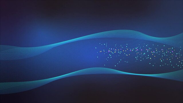 Network data animation with abstract blue wave background. Cybersecurity, internet, information flow concept.