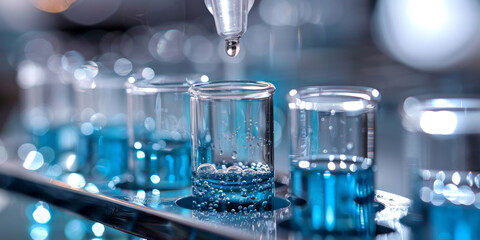 Laboratory pipette dispensing blue liquid into test tubes, highlighting precision and scientific research in a high-tech lab setting, perfect for themes of science, innovation, and medical research..