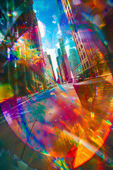 cityscape with buildings and streets, captured through a colorful and distorted lens effect