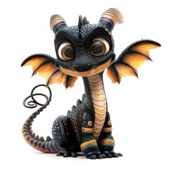 A cute baby dragon with big eyes and a friendly smile. The dragon is black with orange and yellow markings. It has a long tail and a pair of wings.