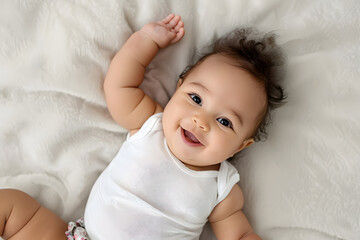 Portrait of Cute newborn Baby lying on her back and smiling at camera top view