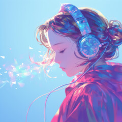 Vibrant Woman immersed in Music with Colorful Reflective Fabric Background - 
カラフルな反射生地の背景で音楽に没頭する活気に満ちた女性
