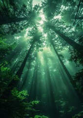 Naklejka premium Majestic redwoods in a misty forest, depicting grandeur and strength. 