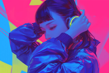 Vibrant Woman Enjoying Music on Reflective Fabric Background - 
反射生地の背景で音楽を楽しむ活気に満ちた女性