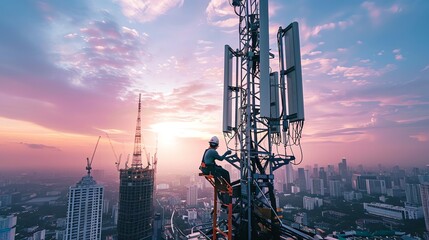 Technician at work on a high cell tower during sunset, showcasing modern technology and urban skyline in the background.