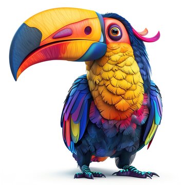 recommend clip art: A cartoon illustration of a toucan with bright colors, big eyes and a large beak.