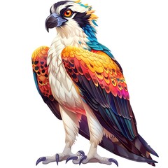 An illustration of an osprey with vibrant feathers. Background is white and Bird is facing the viewer. The bird is standing on ground with its wings.