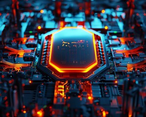 Close-up of a glowing, futuristic microchip on a circuit board, showcasing advanced technology and innovation in electronics.