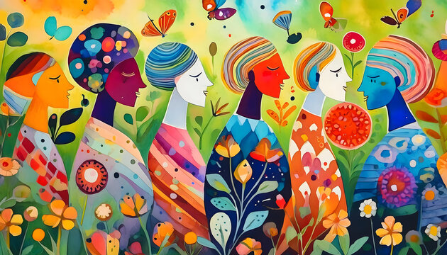folkore, frauen, gruppe, illustration, bunt, neu, malerei, blumen, floral, karte, design, hintergrund, weltfrauentag, feminismus, dekor, folk, hippie, bohemian, abstrakt, kunst, flyer, poster, dekor, 