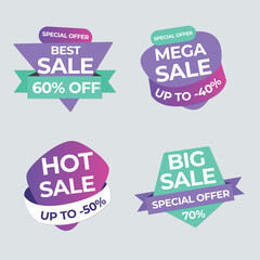 Set of vector red starburst, sunburst badges. Simple flat style vintage labels, stickers with sale discount text. Sale quality tags and labels. Template banner shopping badges.