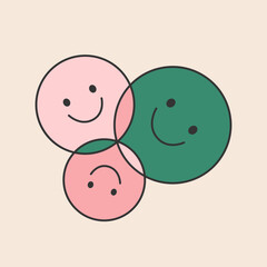 Group of smiling faces making an abstract shape together. Doodle emoji in 90s and y2k design. Postive symbol. Vector graphic
