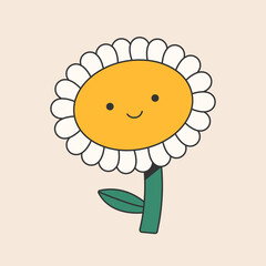 Cute flower character in groovy retro style. Abstract daisy with smiling face. Funky plant in 70s design. Vector illustration