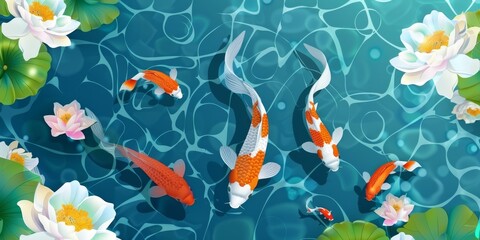 Naklejka premium Graduation Success and Good Luck. Serene Zen Garden with Koi Fish Swimming in Aquarium Decorative Pond. Rainbow Reflections Enhance the Tranquil Oriental Garden and Life Concepts. 4K HD Wallpaper Back