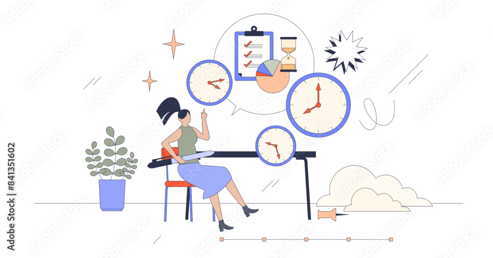 Poster time management skills for work productivity tiny person neubrutalism concept, transparent backgroun