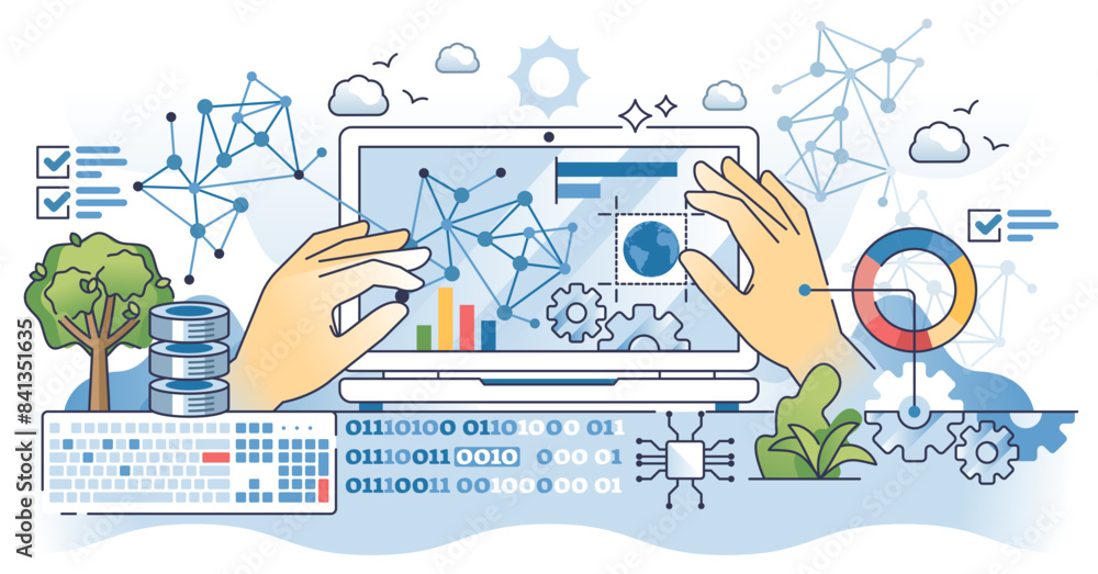 Aufkleber big data information collection and digital research outline hands concept, transparent background. 
