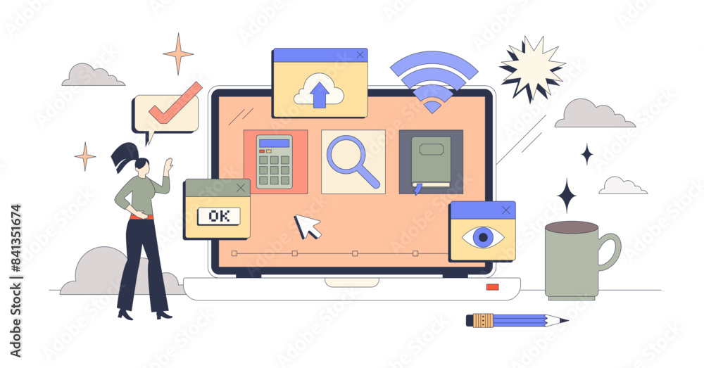 Aufkleber digital learning tools for online education tiny person neubrutalism concept, transparent background