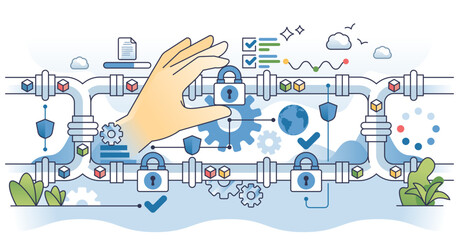 Data pipeline security with information protection outline hands concept, transparent background. Safe data structuring, gathering, sorting and research with encryption tools illustration.