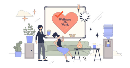 Employee wellness programs for wellbeing tiny person neubrutalism concept, transparent background. Work space environment for colleague stress relief illustration. Efficiency or productivity boost.