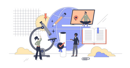 Global education or international graduation tiny person neubrutalism concept, transparent background. University platform for remote online learning course illustration.