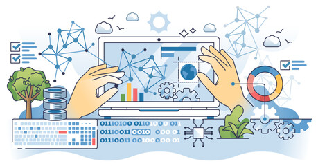 Big data information collection and digital research outline hands concept, transparent background. File analysis using AI technology and virtual intelligence software illustration.
