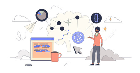 Digital learning tools and programming tiny person neubrutalism concept, transparent background.Education software development with smart online methods illustration.