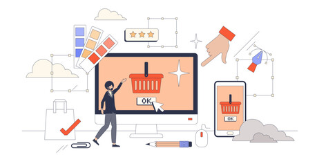 E-commerce website design for webshop UX tiny person neubrutalism concept, transparent background. Improved user experience with intuitive interface and beautiful color usage.