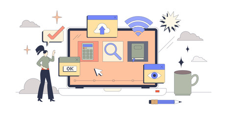 Digital learning tools for online education tiny person neubrutalism concept, transparent background. Studying using internet resources and platforms illustration. Cyberspace technology usage.