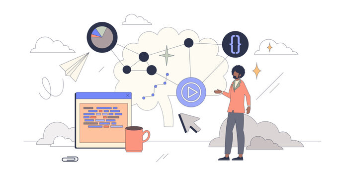 Digital learning tools and programming tiny person neubrutalism concept, transparent background.Education software development with smart online methods illustration.