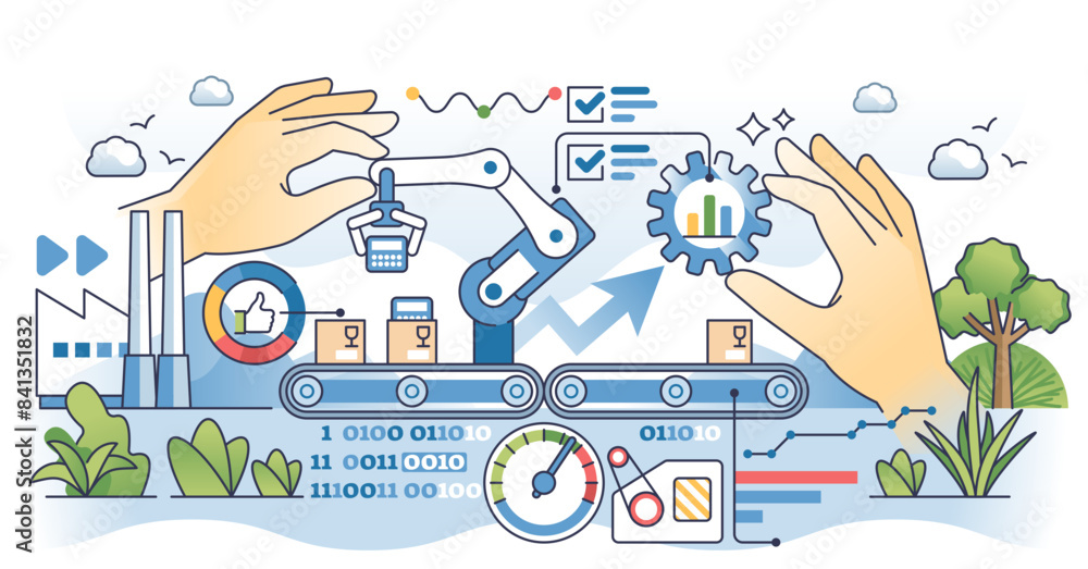 Poster big data in manufacturing for effective production outline hands concept, transparent background. ga
